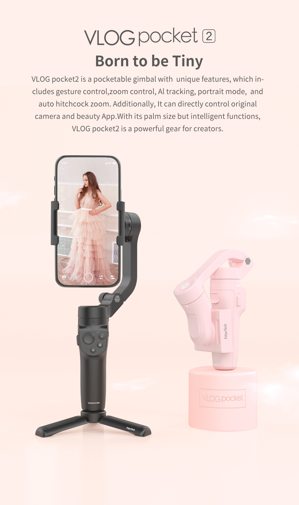 FeiyuTech New VLOG Pocket 2 3-Axis Joystick Zoom Original Camera App Control Foldable Smartphone Gimbal Stabilizer For 41mm-89mm Android/IOS Smartphone