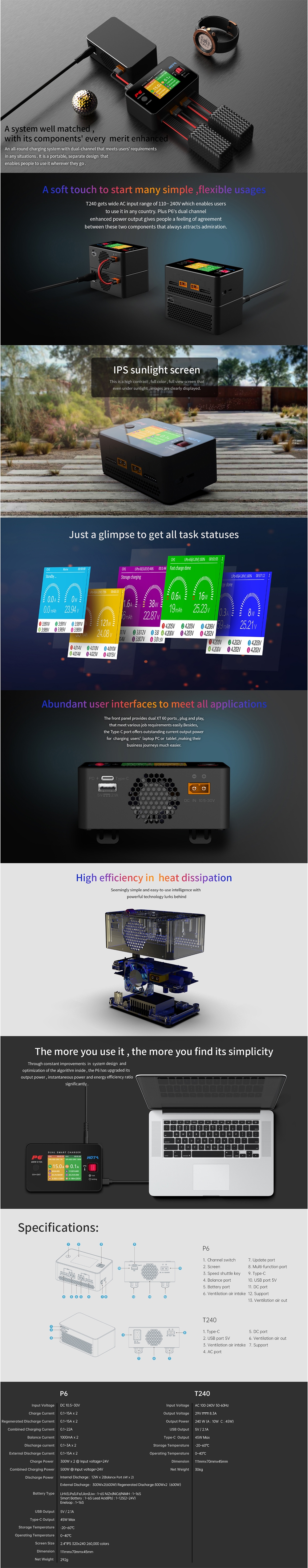 HOTA P6 DC600W 15AX2 DC Dual Channel Smart Charger with Mobile Service Charging for Lipo LiIon NiMH Battery