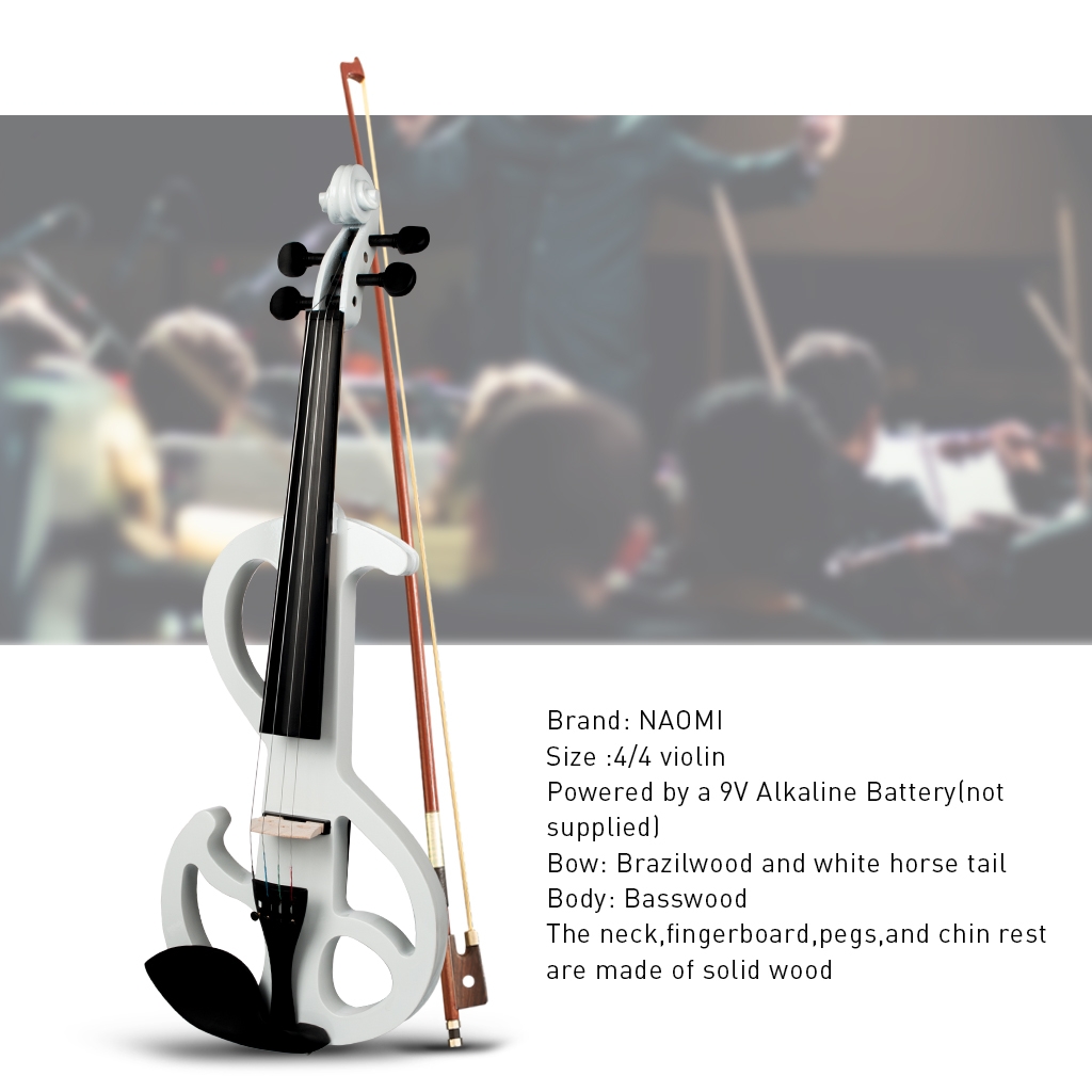 NAOMI Full Size 4/4 Electric Violin Set w/ Bow + Hard Case + Headphones + Audio Cable Musical Instrument for Beginners