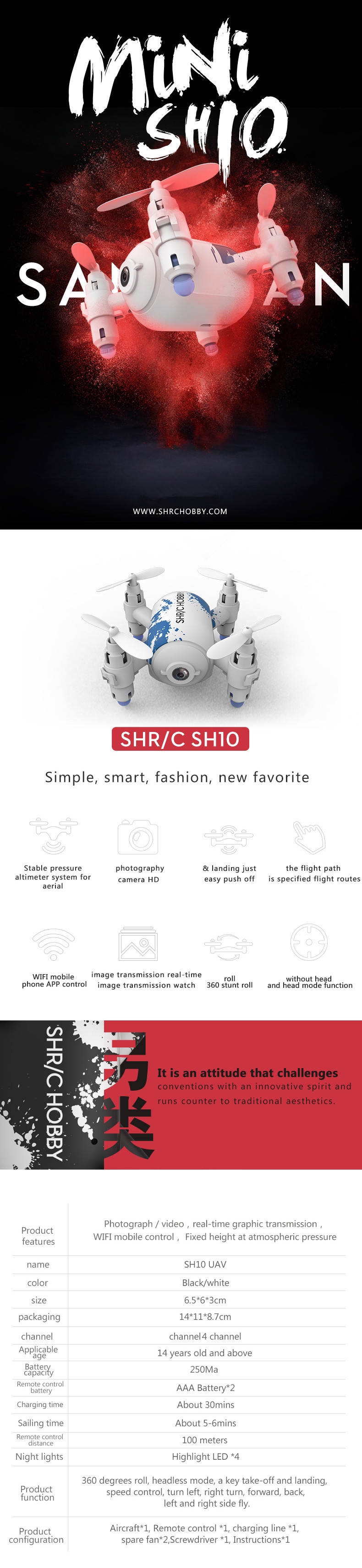 SHRC SH10 Mini WiFI FPV App Control Headless Mode Altitude Hold with LED light RC Quadcopter