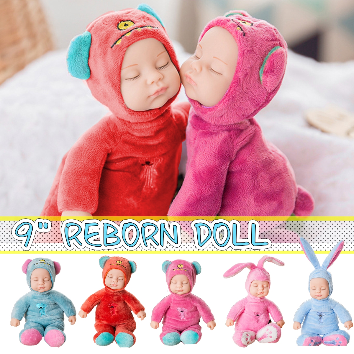 23CM Soft Silicone Vinyl Lifelike Realistic Reborn Cute Bear Rabbit Doll Toy with Clothes