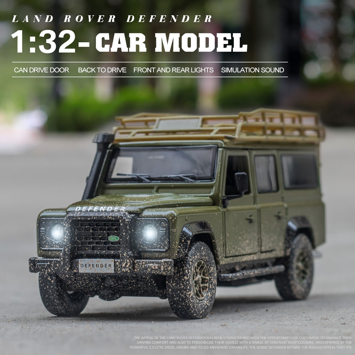 1:32 Alloy Land Rovers Defenders Rear Wheel Pull Back Diecast Car Model Toy with Sound Light for Gift Collection