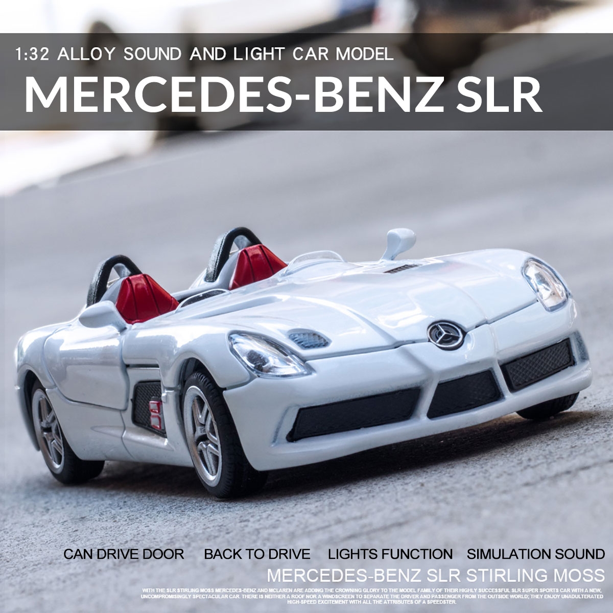 1:32 Alloy Mercedes BENZS SLR Pull Back Motor Diecast Car Model Toy with Sound Light for Gift Collection