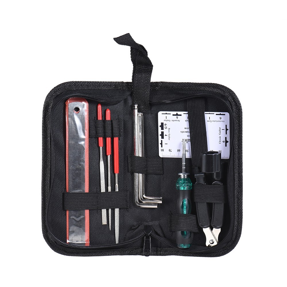 Guitar Repairing Maintenance Tool Kit Includes String Organizer String Action Ruler Gauge Measuring Tool Wrench Set Files for Guitar Ukulele Bass Mandolin Banjo