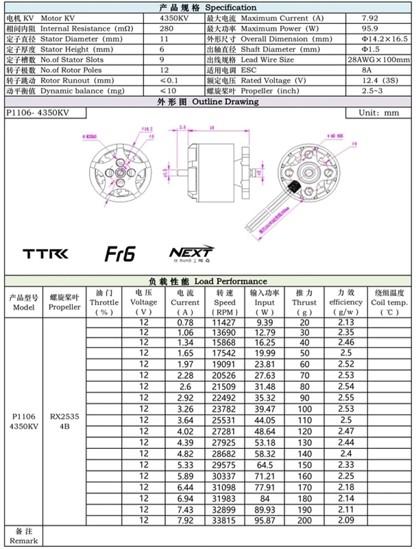 TransTEC 1106 NEXT Motor 3~4S 4500kv/6000kv Brushless Motor for TransTEC Beetles Hom RC Drone