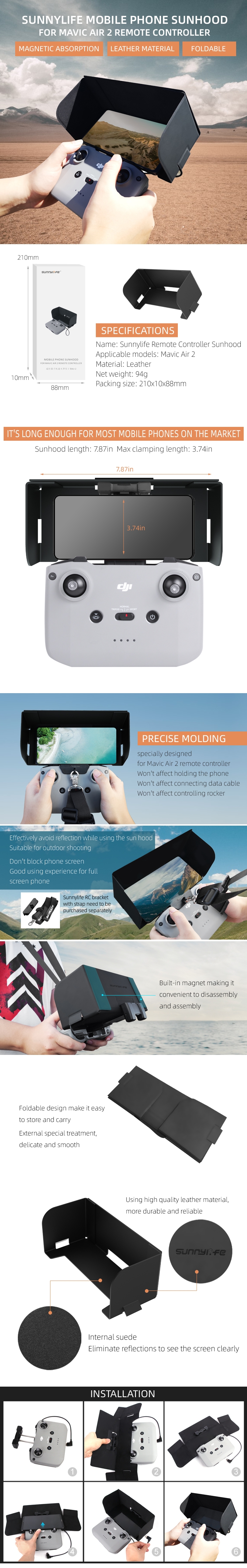 Sunnylife Remote Controller Smartphone Monitor Sun Hood Sunshade Foldable Anti-reflective Leather Cover Protector for DJI Mavic Air 2 Drone