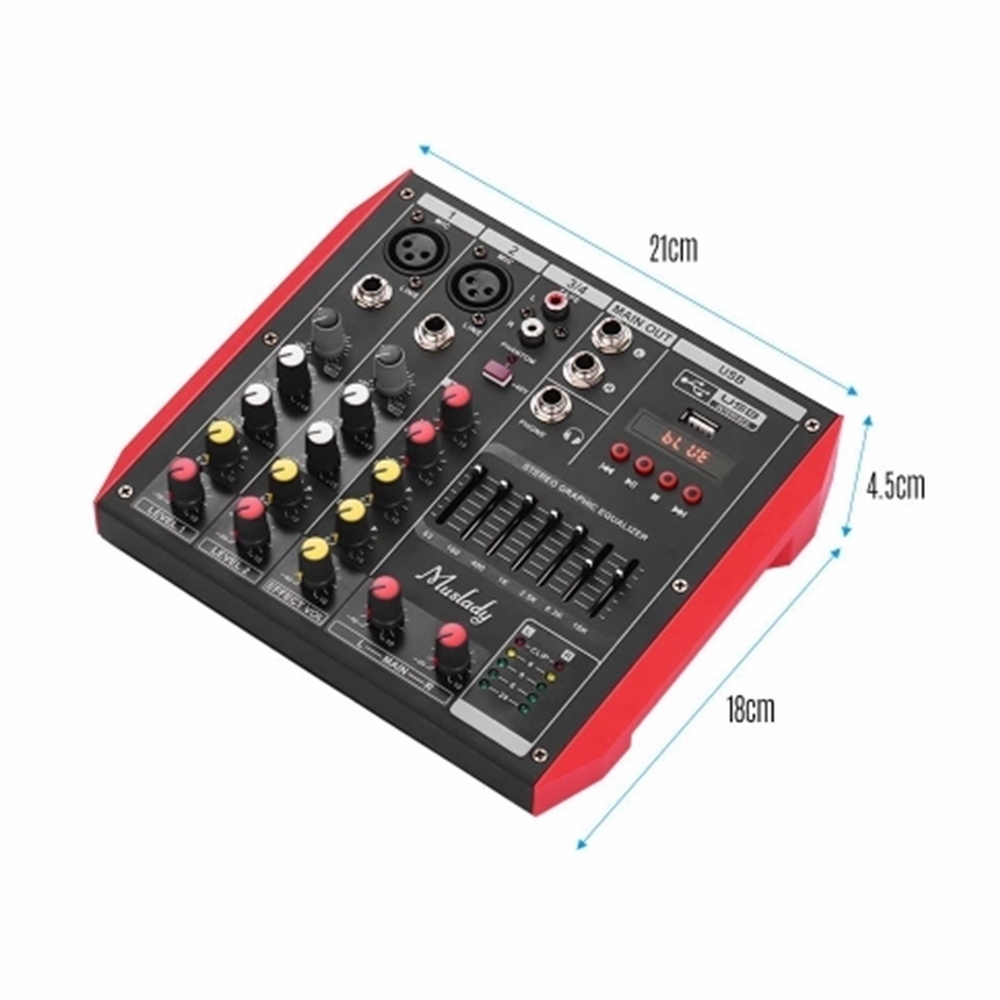 ELM D4 4 Channel Audio Bluetooth Mixer Mixing Console with 7-Band EQualizer USB Phantom Power 48V
