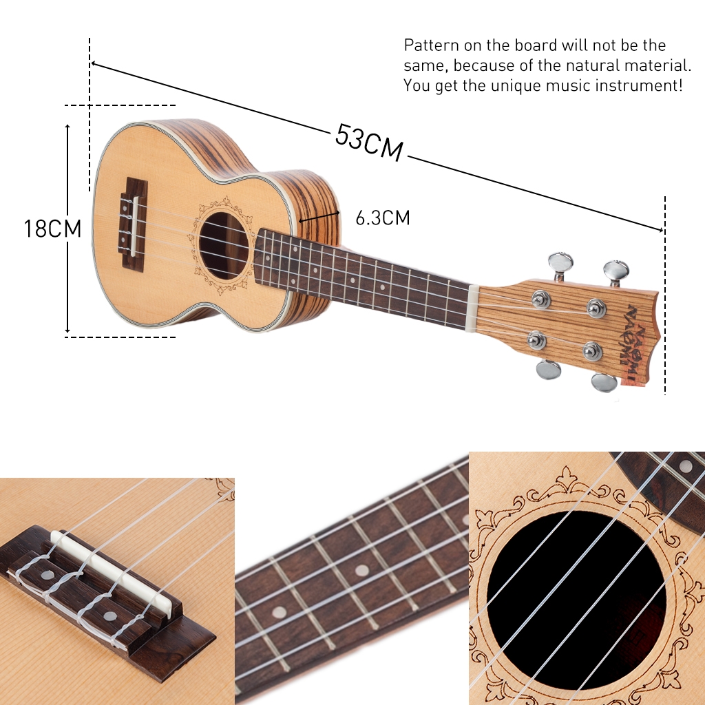 NAOMI 21 Inch Ukulele Solid Spruce Top Zebrawood Back Zebrawood Ukulele 4 String Hawaii Guitar Soprano Ukulele