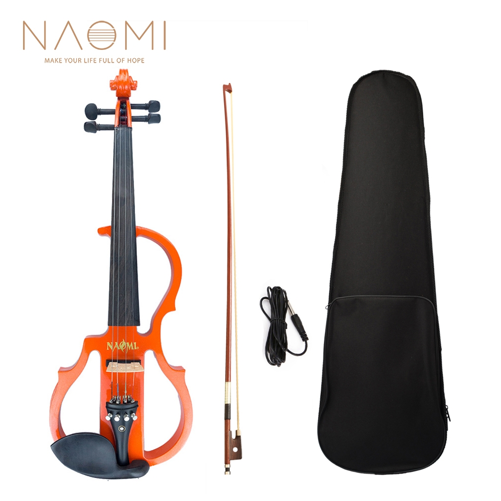 NAOMI Full Size 4/4 Solid Wood Electronic Silent Violin with Ebony Fittings, Carrying Case,Cable, Bow