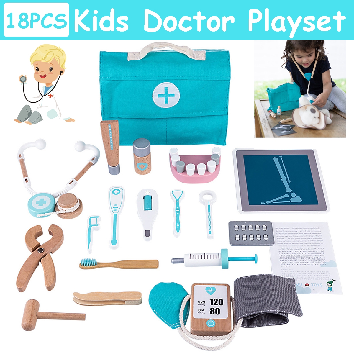 18 Pcs Children Wooden Role Play Pretend Dentist Toolbox Doctor Medical Playset with Stethoscope Early Education Toy