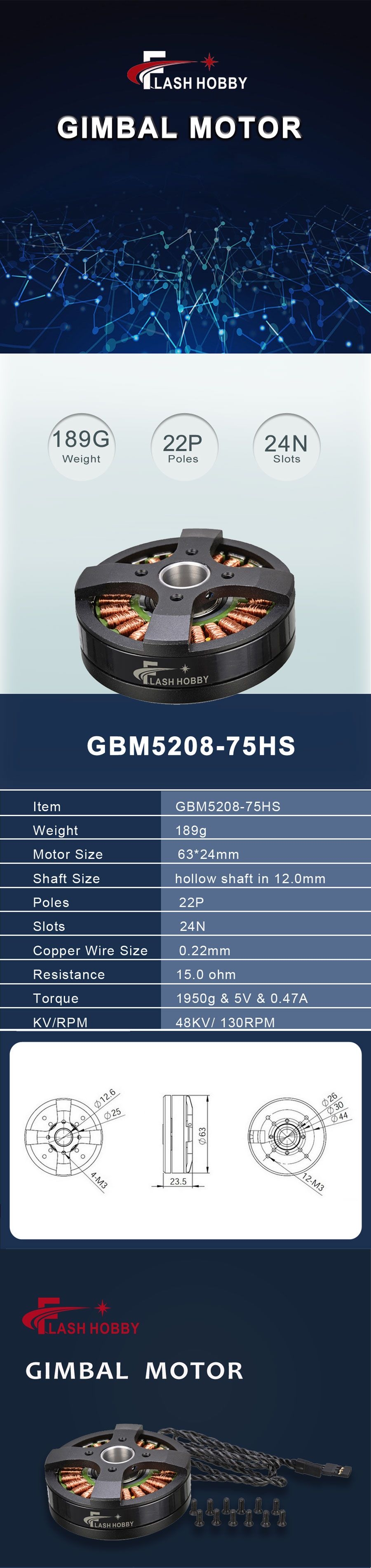 Flashhobby GBM5208-75HS 48KV 130RPM 22P 24N 12mm Hollow Shaft Gimbal Motor For FPV Gimbal Stabilizer