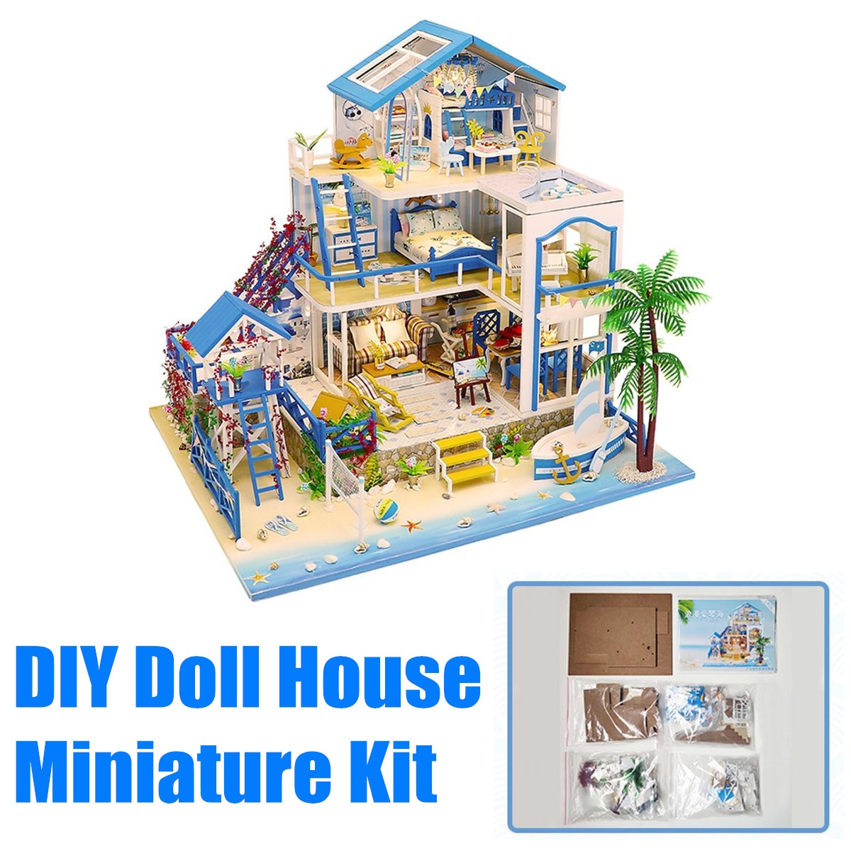 Wooden DIY Beach Villa Doll House Miniature Kit Handmade Assemble Toy with LED Light for Birthday Gift Collection Home Decor