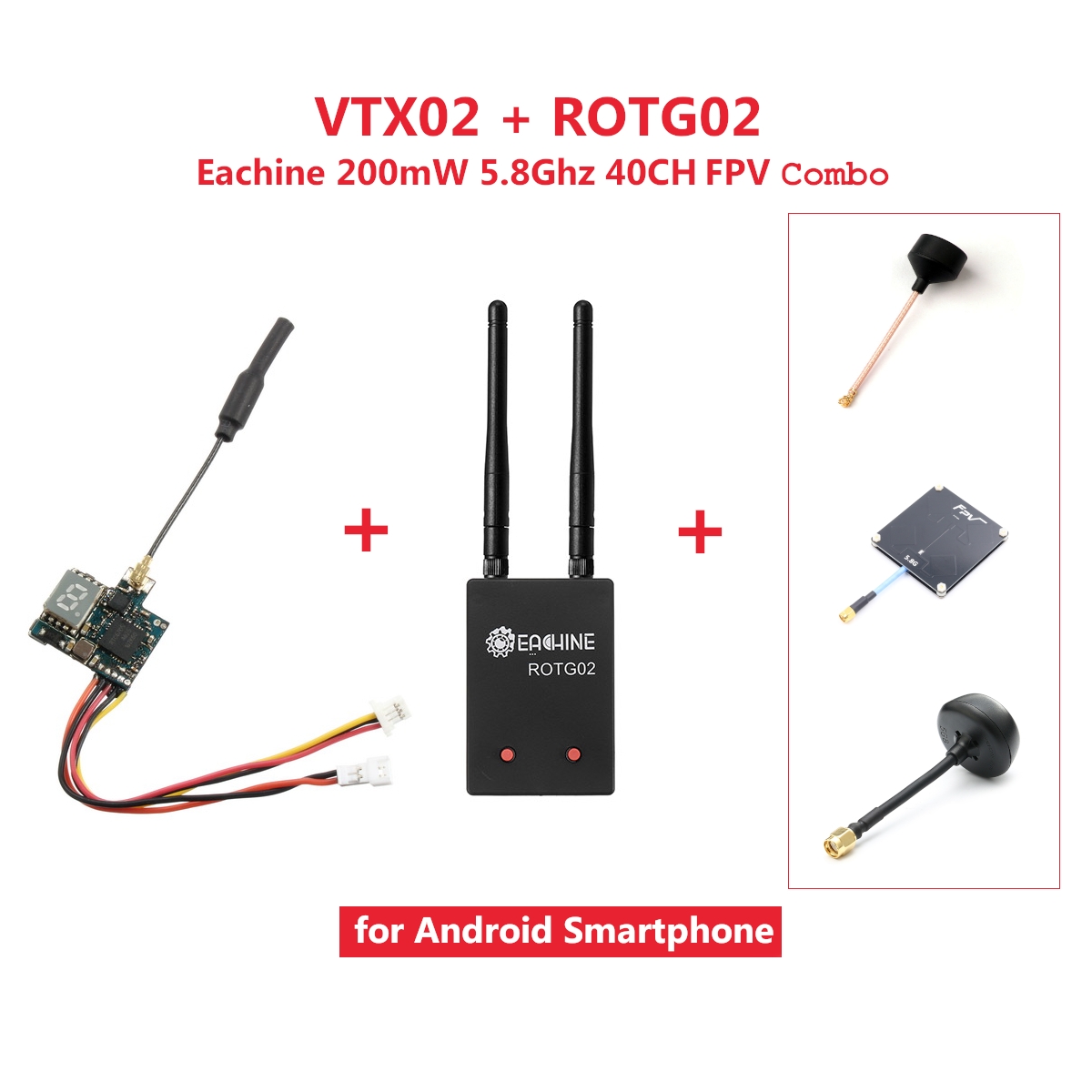 Eachine VTX02 + ROTG02 FPV Combo 5.8G 40CH 200mW Diversity Audio Transmitter Receiver Set Black with Upgraded Antenna for Android