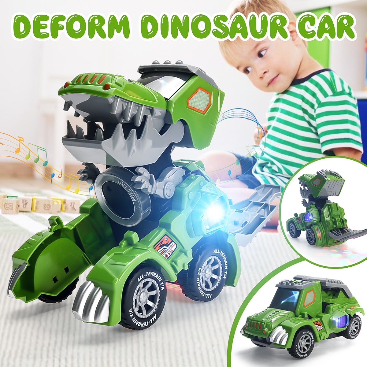 Electric Deform Dinosaur Automatically Turn Car Toy with Music Flashing LED Lights for Kids Gift Collection
