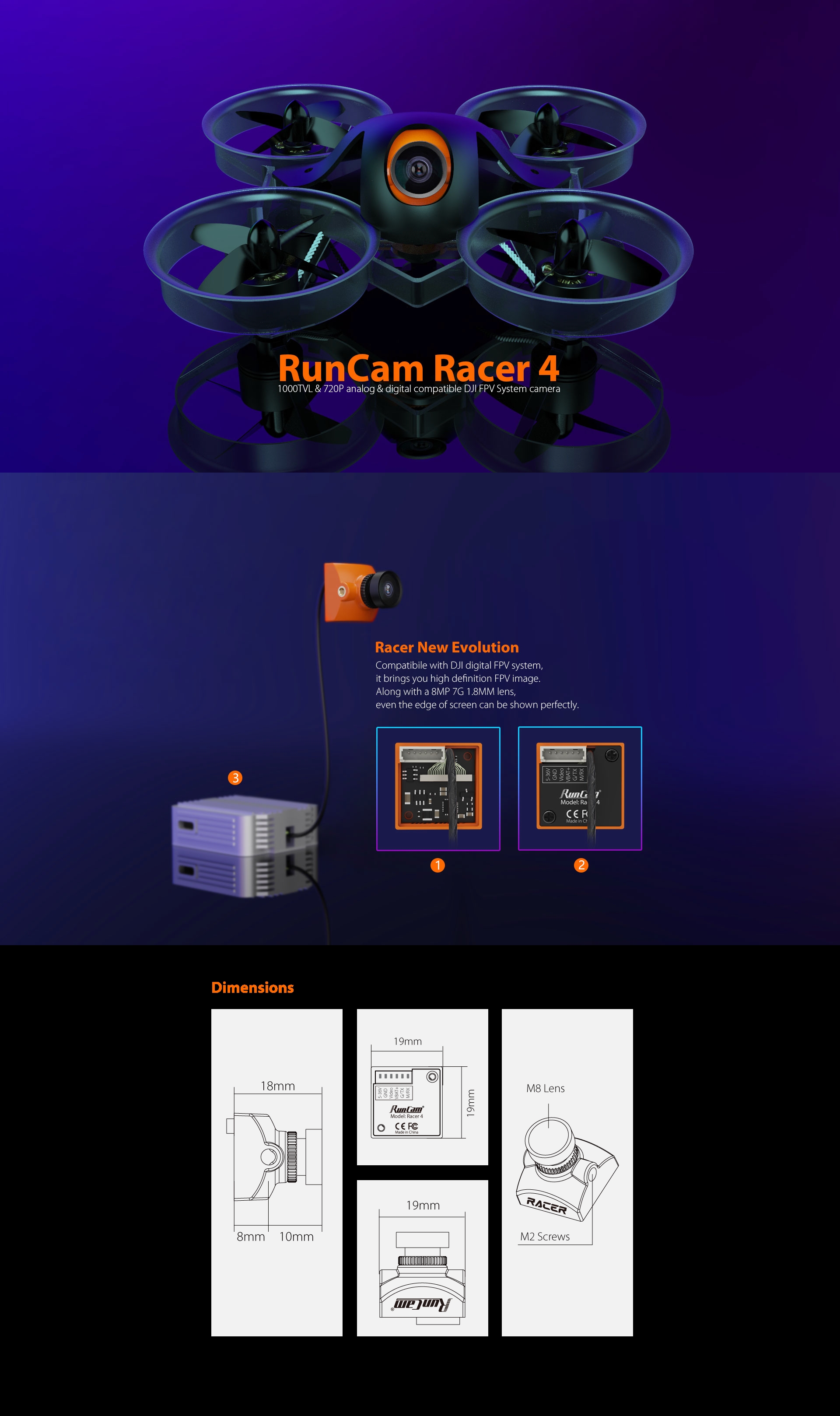 RunCam Racer 4 Camera 1000tvl 720P Analog Digital Super WDR CMOS 1.8mm 8MP 160 Degree FOV Mini FPV CAM