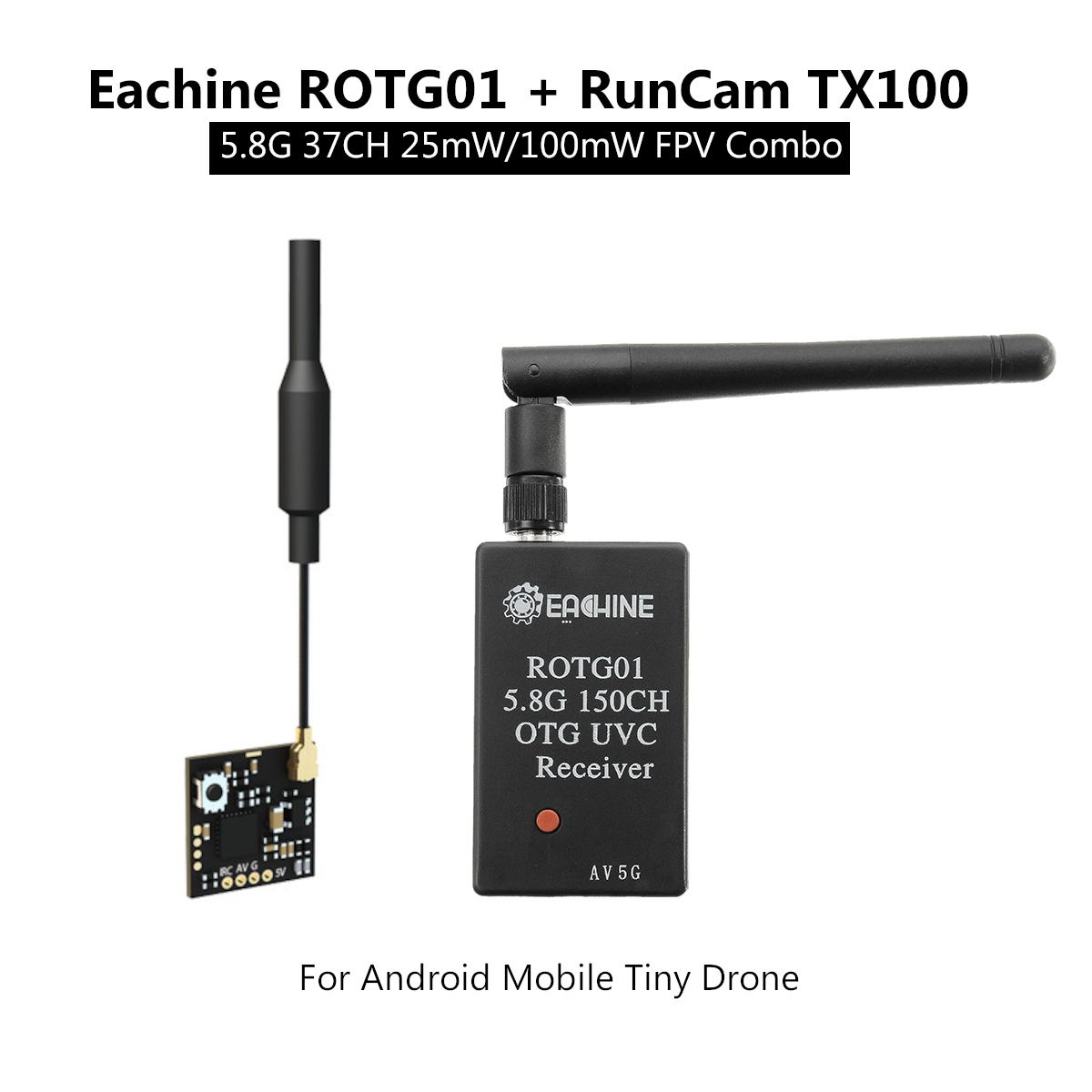 Eachine ROTG01 + RunCam TX100 5.8G 37CH 25mW/100mW FPV Combo Transmitter Receiver Black For Android Mobile Tiny Drone