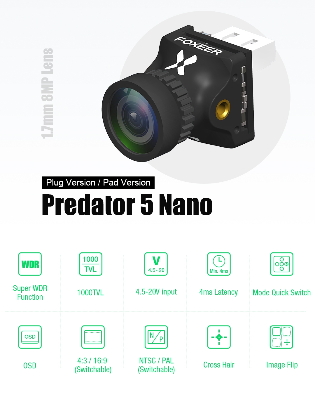 Foxeer Nano Predator 5 Racing FPV Camera 1000tvl 1.7mm M8 Lens 4ms Latency Super WDR