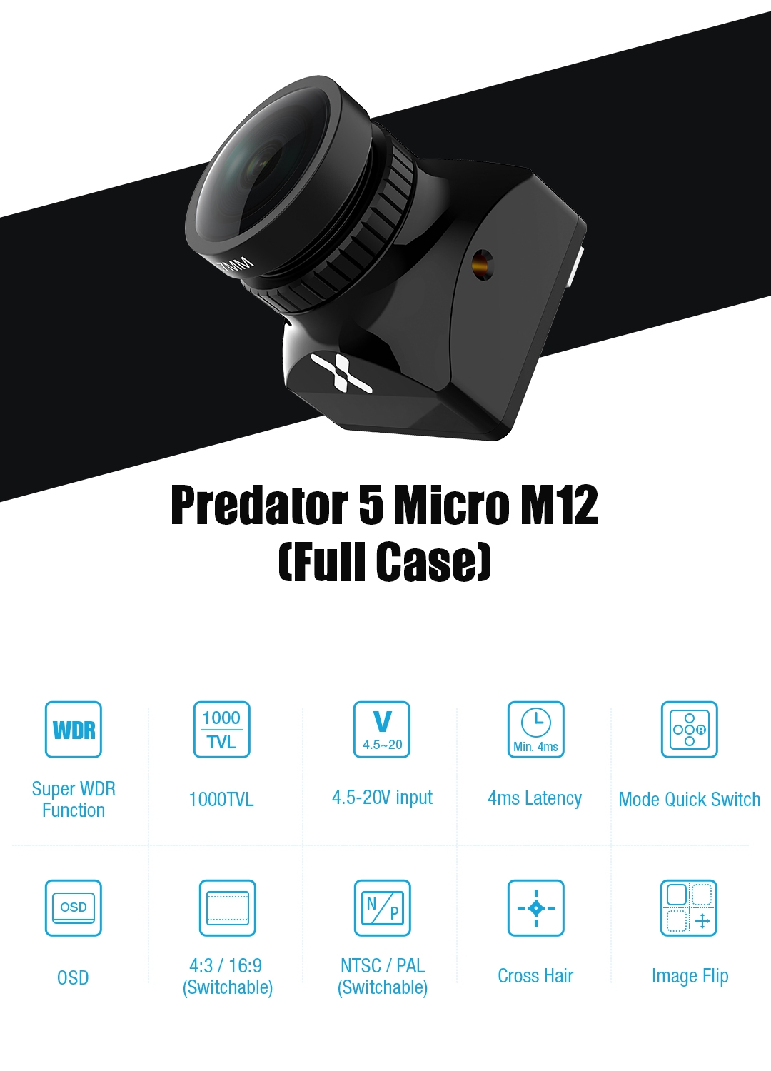 Foxeer 19*19mm Micro Predator 5 Full Cased 1000tvl M12 1.7mm Lens 4ms Latency Super WDR