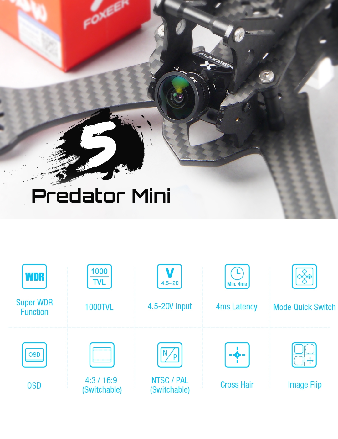 Foxeer Mini Predator 5 Racing FPV Camera 1000tvl 1.8mm/2.5mm M12 4ms Latency Super WDR