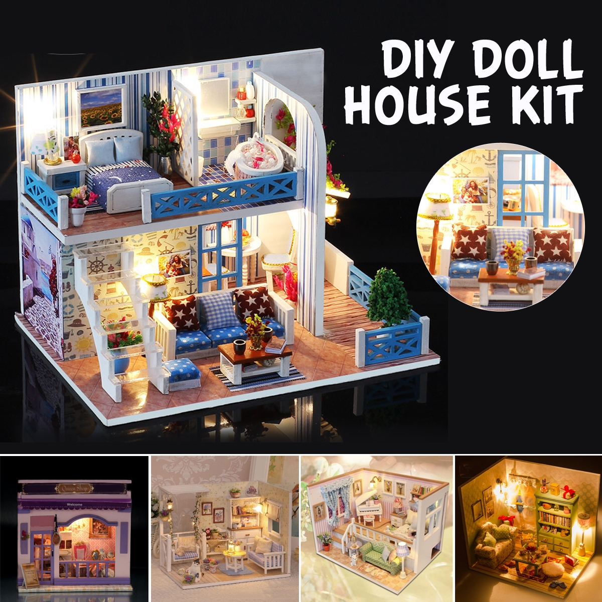 Wooden Multi-style 3D DIY Handmade Assemble Doll House Miniature Kit with Furniture LED Light Education Toy for Kids Gift Collection