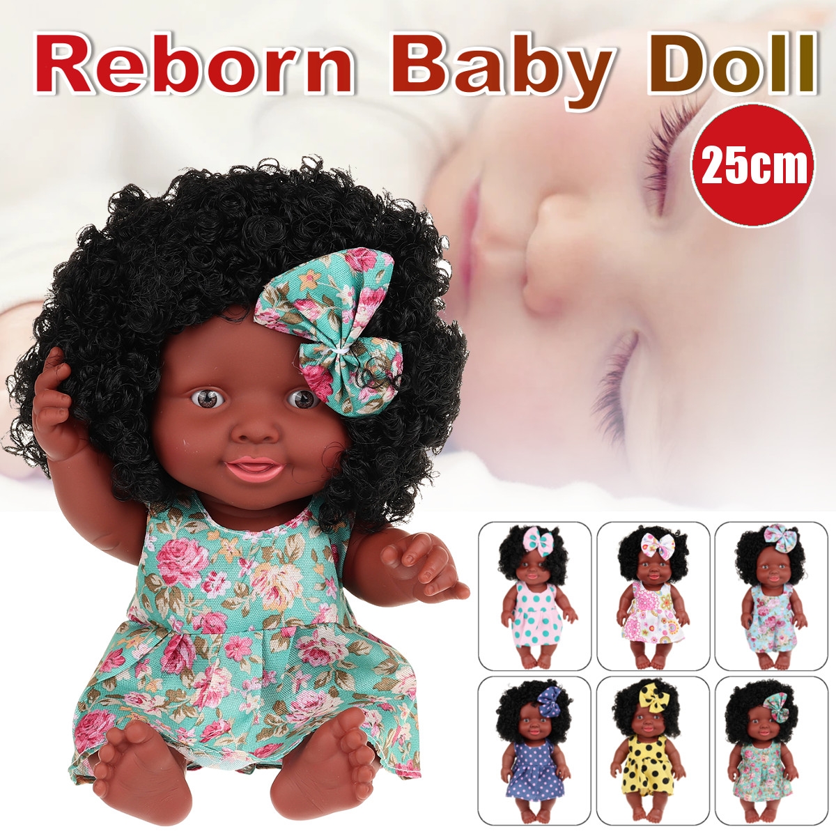 25CM Cute Soft Silicone Joint Movable Lifelike Realistic African Black Reborn Baby Doll for Kids Gift