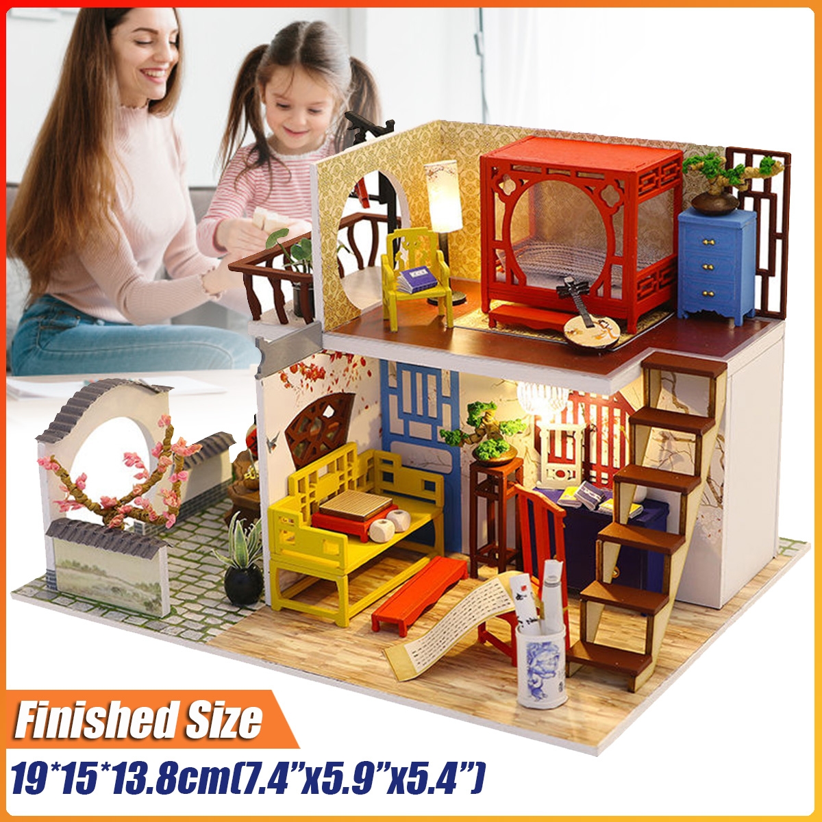 1:24 Wooden DIY Handmade Assemble Doll House Miniature Furniture Kit Education Toy with LED Light for Kids Gift