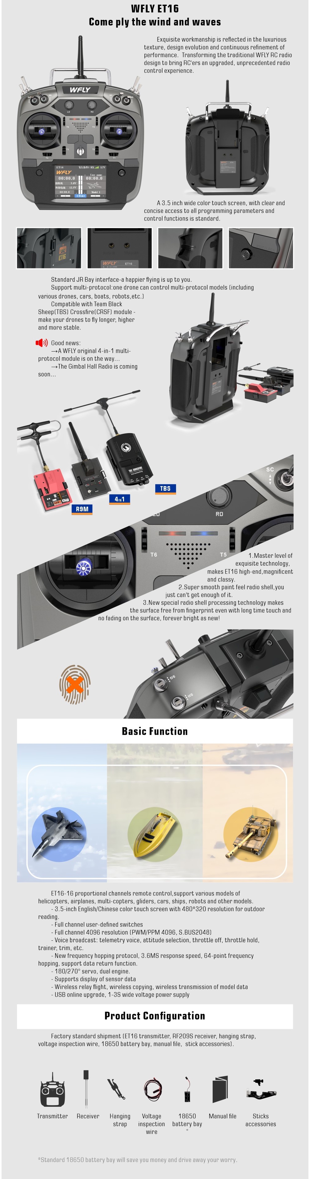 WFLY ET16 2.4GHz 16CH FHSS Transmitter Compatible 4IN1 R9M TBS Crossfire Module with RF209S 9CH Receiver PWM PPM W.BUS Output for RC Drone