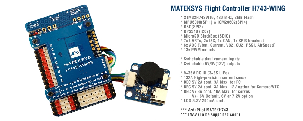 Matek Systems H743-WING STM32H743VIT6 Flight Controller OSD 3~8S MPU6000 MicroSD Blackbox 5V/9V BEC for RC Airplane Fixed-Wing RC Drone FPV Racing