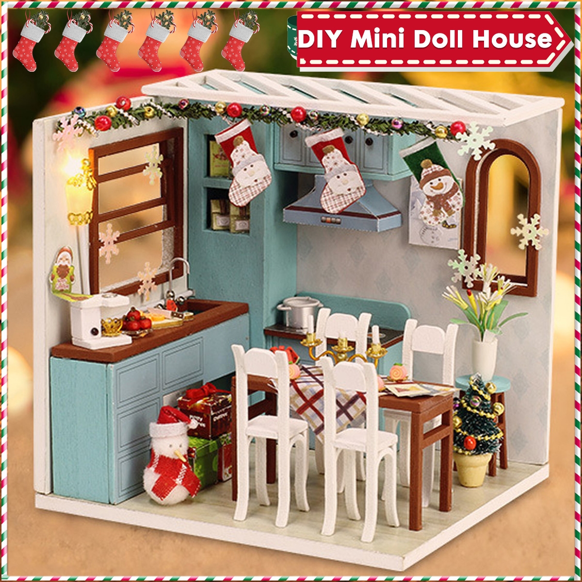 Wooden Dining Room DIY Handmade Assemble Doll House Miniature Furniture Kit Education Toy with LED Light for Collection Birthday Gift