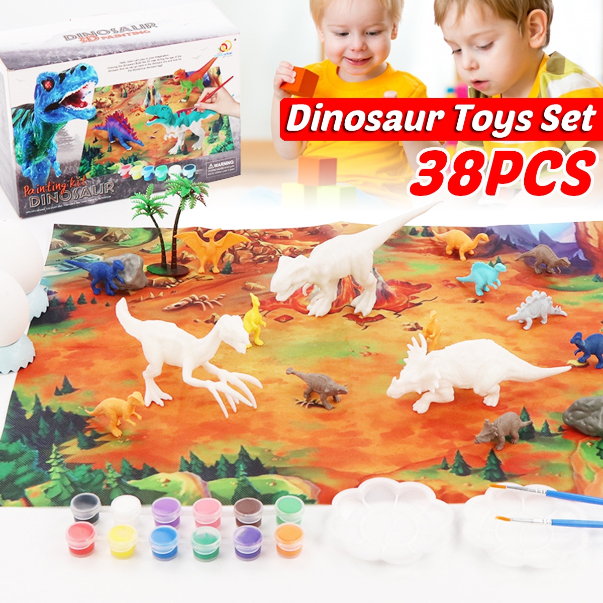 38Pcs Jungle Wildlife Animal Diecast Dinosaur Model Puzzle Drawing Early Education Set Toy for Kids Gift