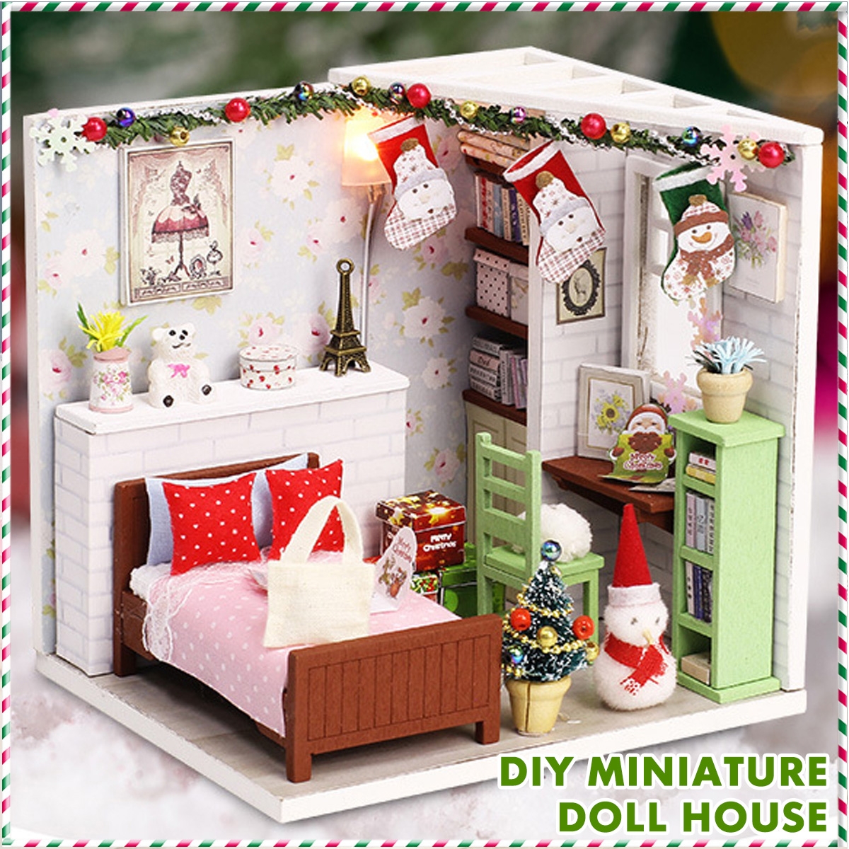 Wooden Bedroom DIY Handmade Assemble Doll House Miniature Furniture Kit Education Toy with LED Light for Collection Birthday Gift