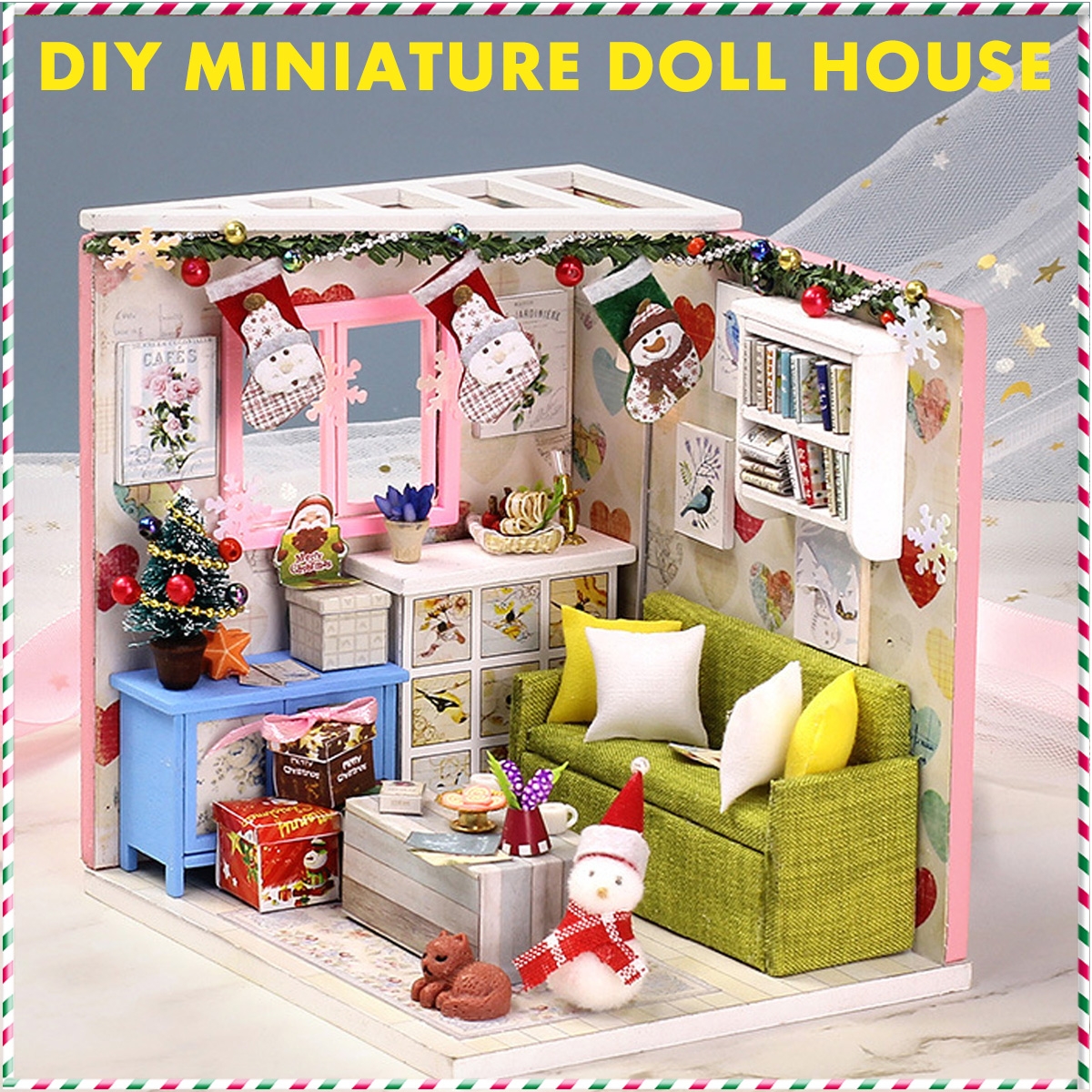 Wooden Living Room DIY Handmade Assemble Doll House Miniature Furniture Kit Education Toy with LED Light for Collection Birthday Gift
