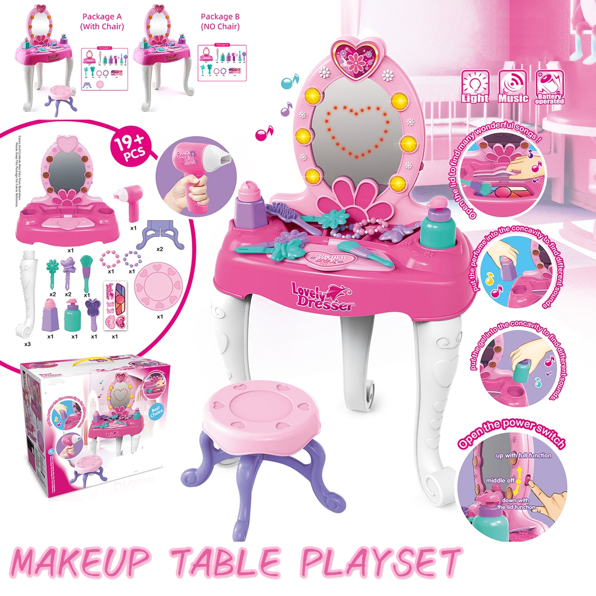 19+ Pcs Simulation Lovely Dresser Kids Makeup Table Play Set Toy with LED Light Music Effect for Kids Girl Gift