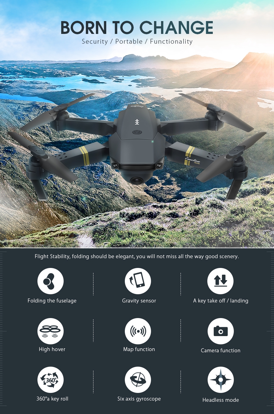 Eachine E58 WIFI FPV With 720P/1080P HD Wide Angle Camera High Hold Mode Foldable RC Drone Quadcopter RTF - Without Storage Bag 1080P HD Wide Angle One Battery Black