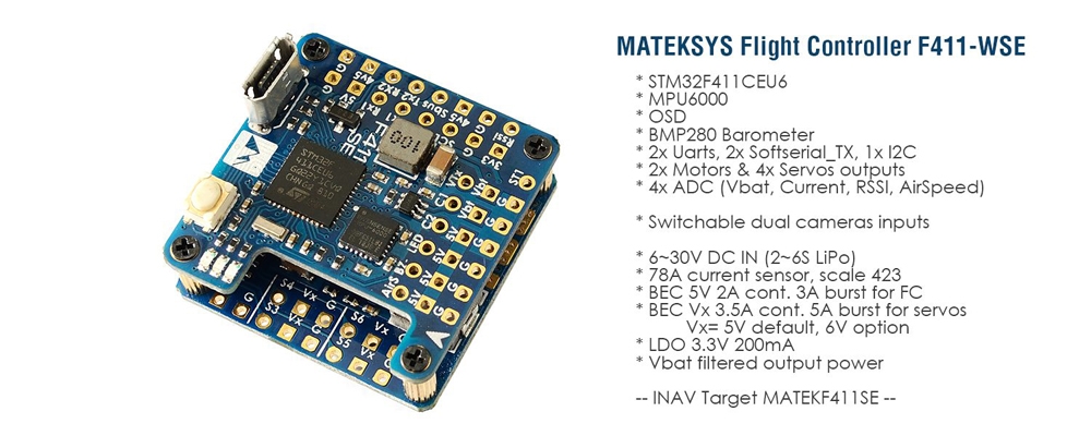 Matek Systems F411-WSE STM32F411CEU6 Flight Controller Built-in OSD 2-6S FC for RC Airplane Fixed Wing