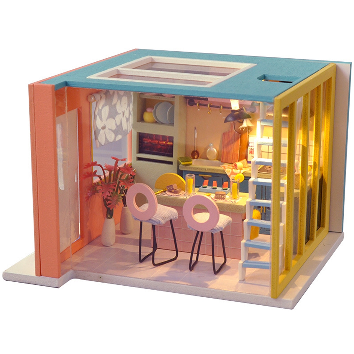 Wooden Kitchen DIY Handmade Assemble Doll House Miniature Furniture Kit Education Toy with LED Light for Kids Gift Collection - Photo: 1