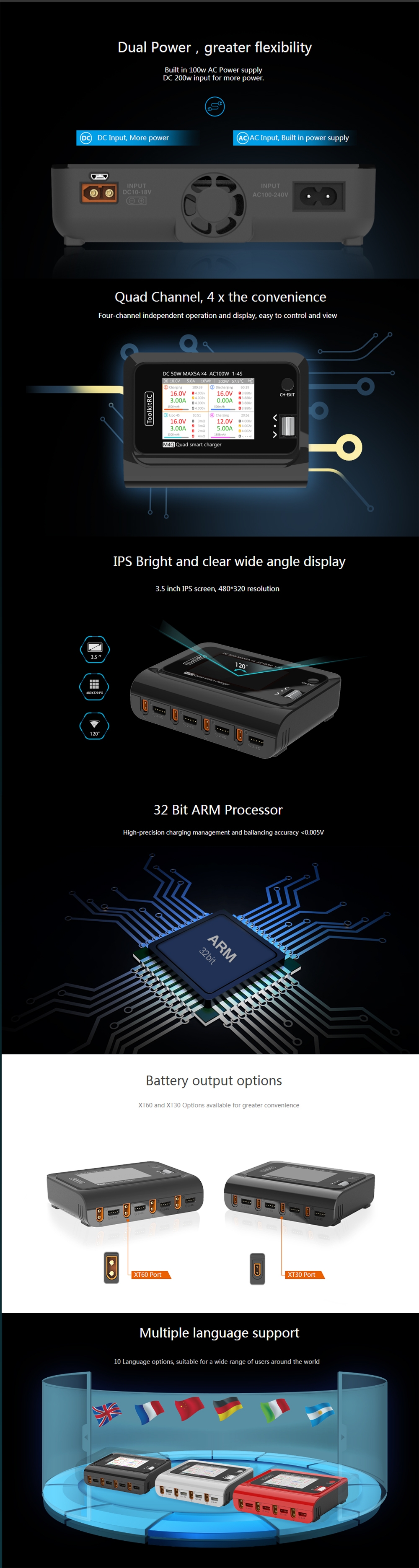 70.99 for ToolkitRC M4Q 4x50W 5A AC 100W 4 Port DC Smart Charger