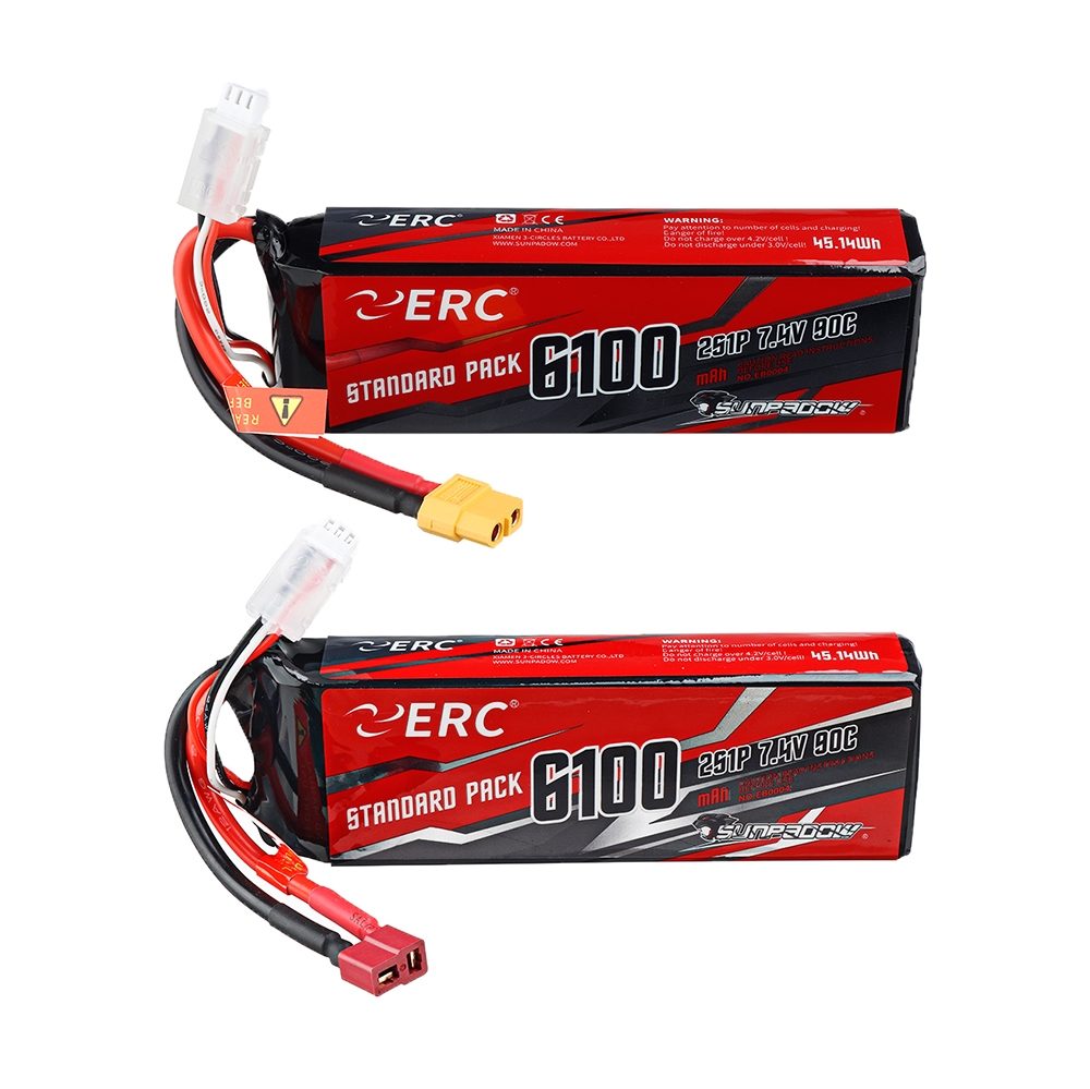 SUNPADOW ERC 7.4V 6100mAh 90C 2S Lipo Battery T/XT60 Plug for RC Car