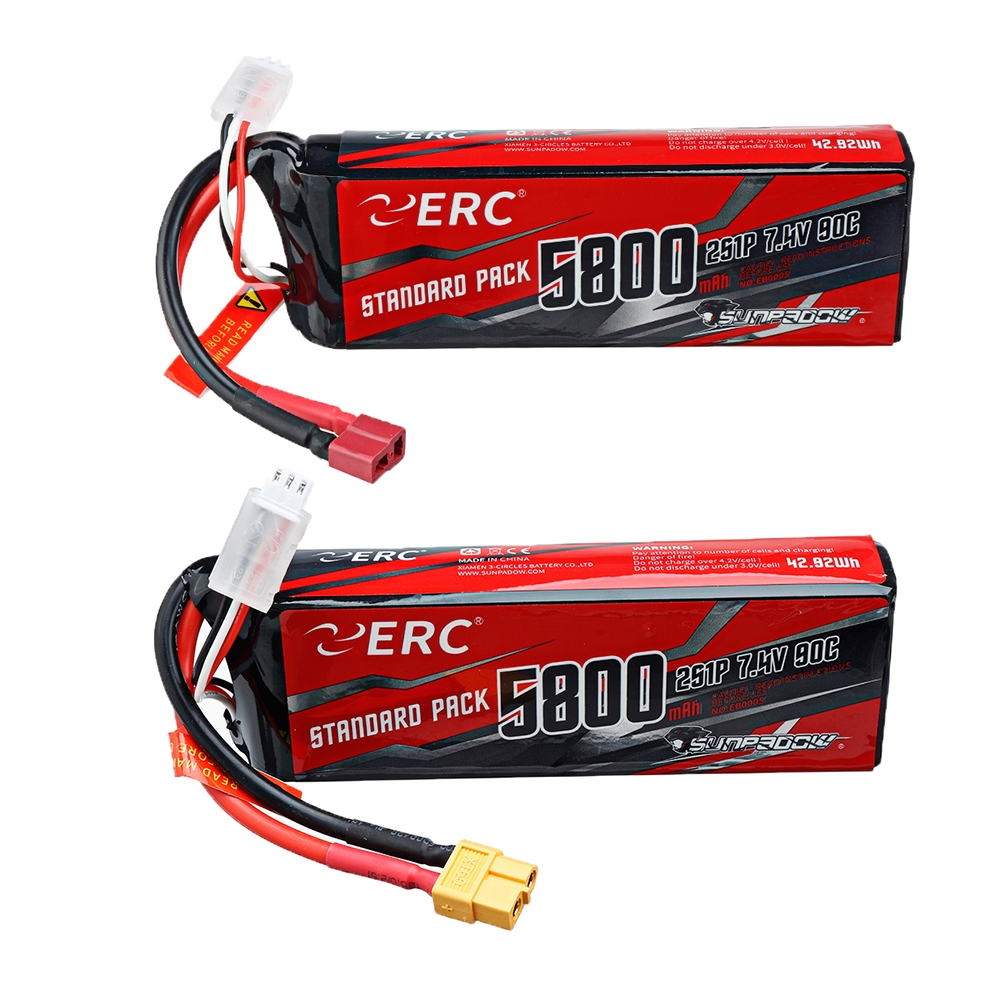 SUNPADOW ERC 7.4V 5800mAh 100C 2S Lipo Battery T/XT60 Plug With Battery Strap for RC Car