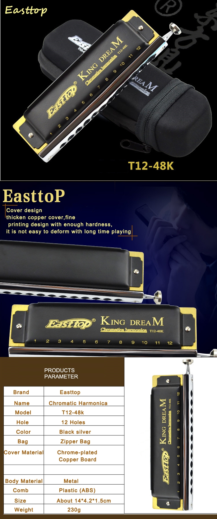 Easttop 12 Hole 48 Tone C Key Chromatic Harmonica Golden Dreamer T12-48K