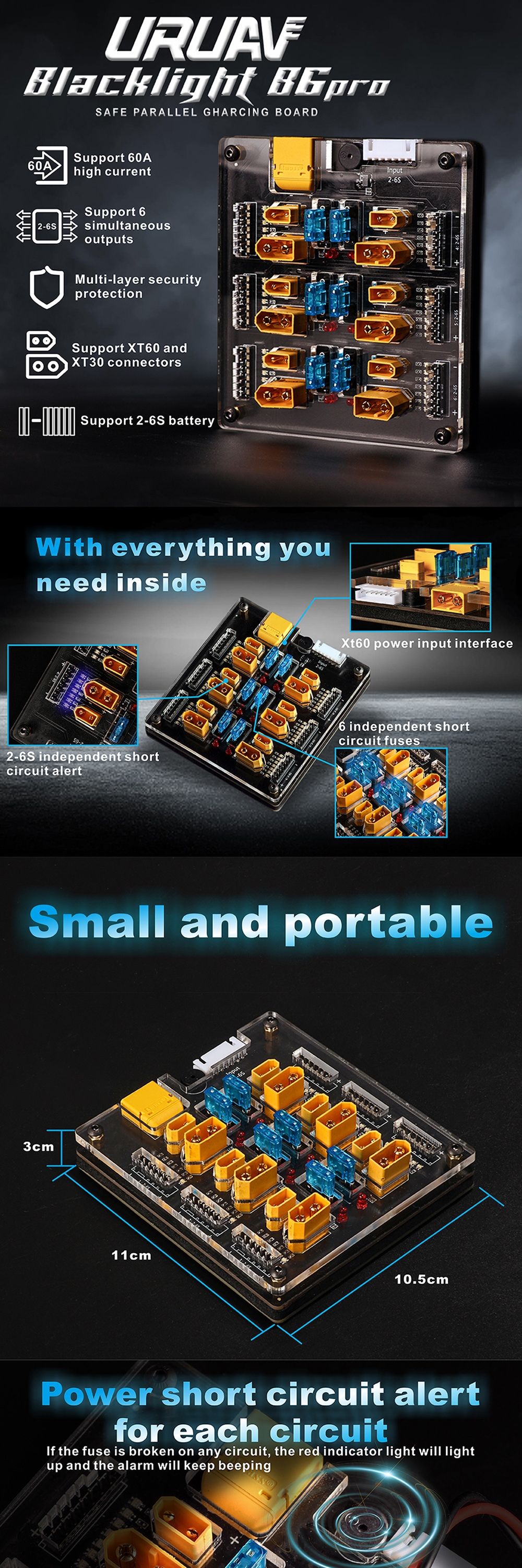 URUAV Blacklight B6pro 60A XT60 XT30 Plug 2-6S Lipo Battery Charger Board for IMAX B6 ISDT Q6 Nano HOTA D6 Pro P6 Charger