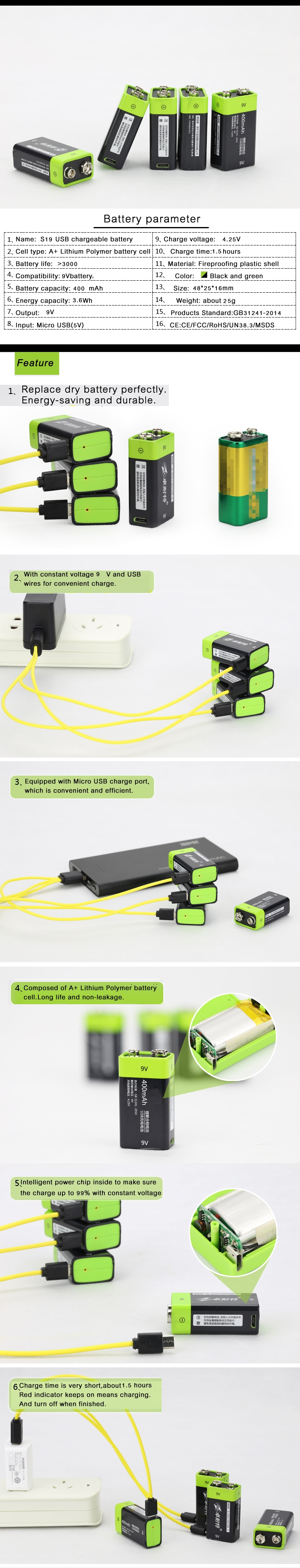 ZNTER S19 9V 400mAh USB Rechargeable 9V Lipo Battery