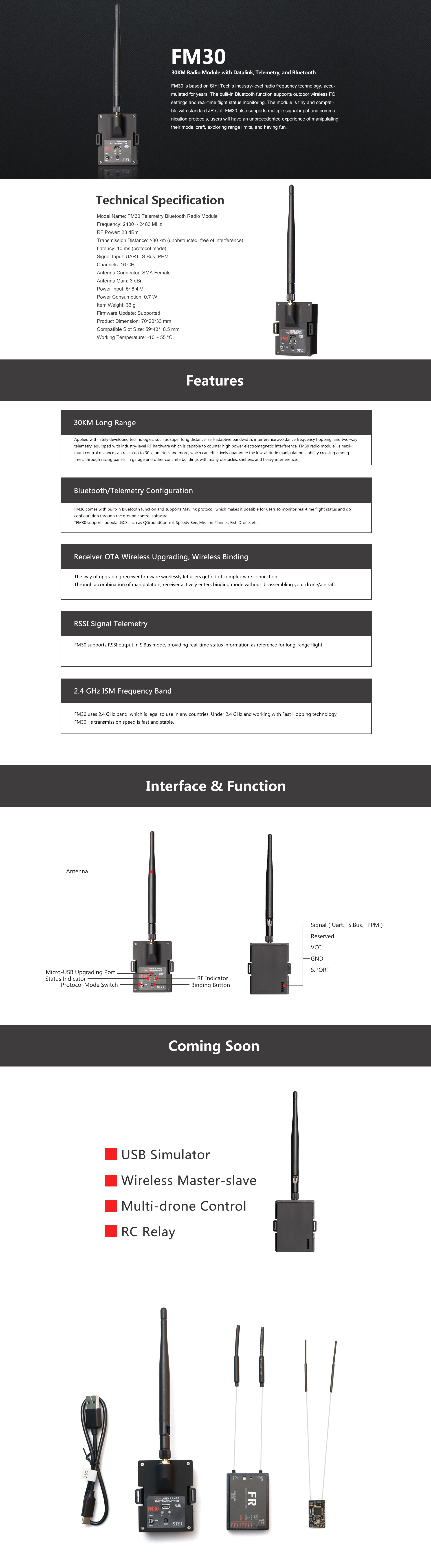 SIYI FM30 2.4GHZ 30KM Telemetry Bluetooth Long Range Transmitter Module UART SBUS PPM Input with FR/FR Mini OTA Receiver for RC Drone