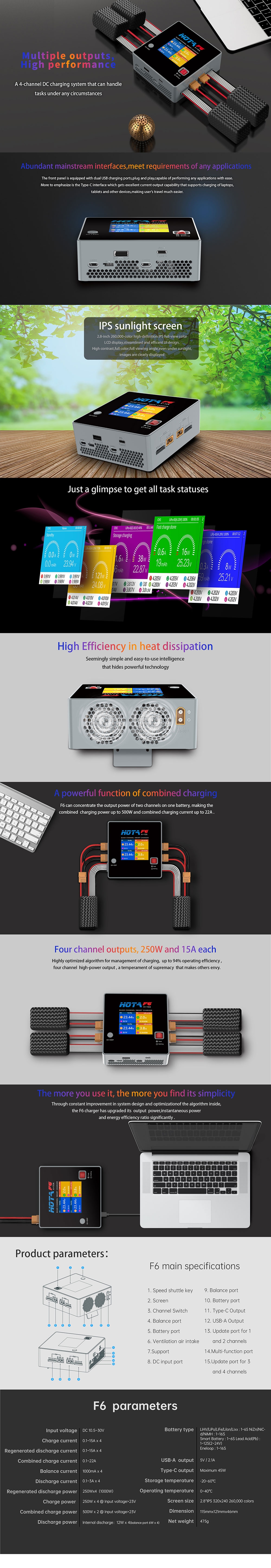 HOTA F6 4x250W 15A 4 Channel Smart Balance Charger with Type-C for Lipo LiIon NiMH Battery