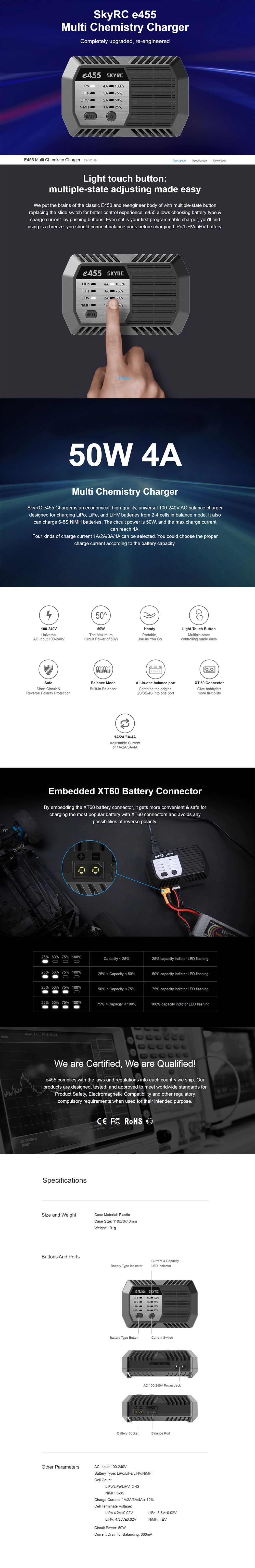 SKYRC E455 50W 4A Multi Chemistry Balance Charger for LiPo/Life/ LiHV/NiMH Battery