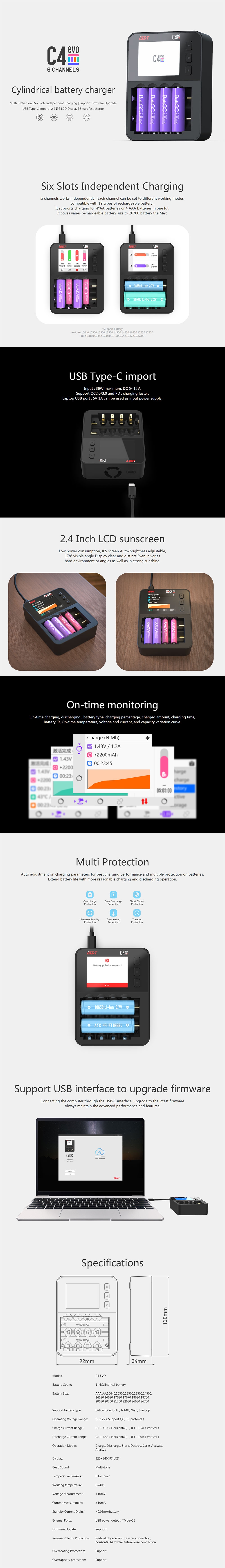 ISDT C4 EVO 36W 8A 6 Channels Smart Battery Charger With USB Output For 18650 26650 26700 AA AAA Battery