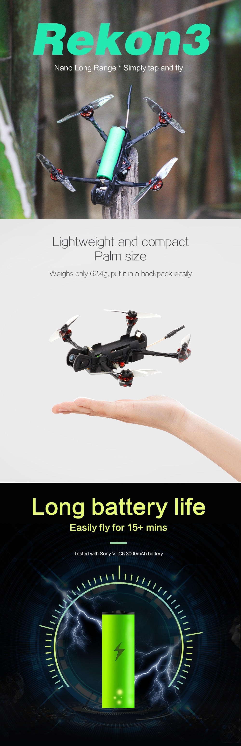 144.99 for HGLRC RekonFPV Rekon 3 Nano Long Range 1S 3" 140mm Wheelbase FPV Racing RC Drone Zeus5 AIO CADDX Nano ANT Rekon 1202.5 11600KV Motor