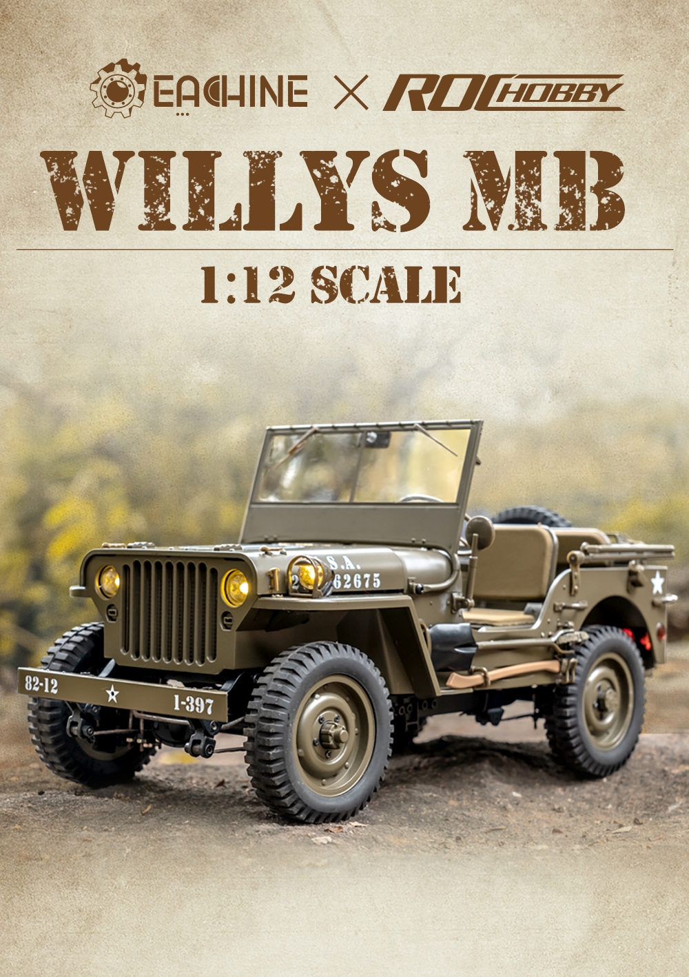 Eachine Rochobby 1941 Willys MB 1/12 RC Car with Two Batteries RC Off-Road Crawler RTR RC Army Truck with LED Lights 2-Speed Gearshift and Remote Control