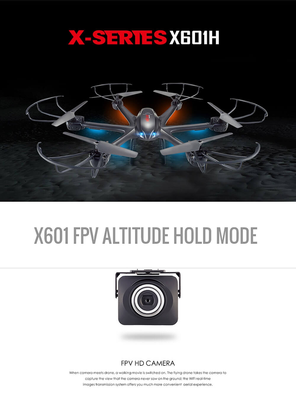 MJX X601H WIFI FPV 0.3MP Camera APP/Transmitter Dual Mode Altitude Hold 3D Flip RC Quadcopter RTF--Gold