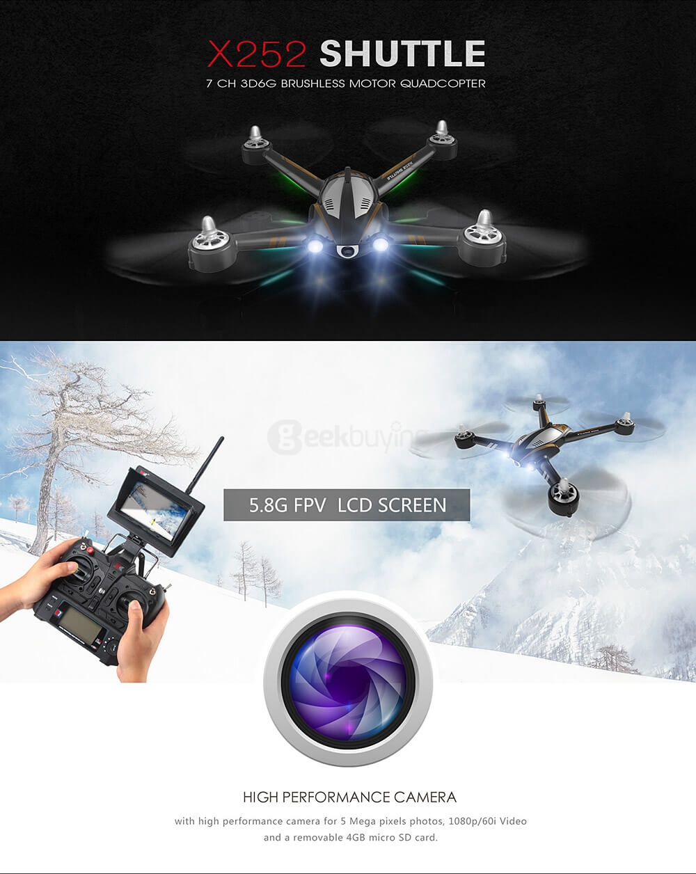 XK X252 5.8G FPV Brushless Motor 6CH Transmitter 3D 6G With 140 Degrees Wide-Angle HD Camera RC Quadcopter RTF - White